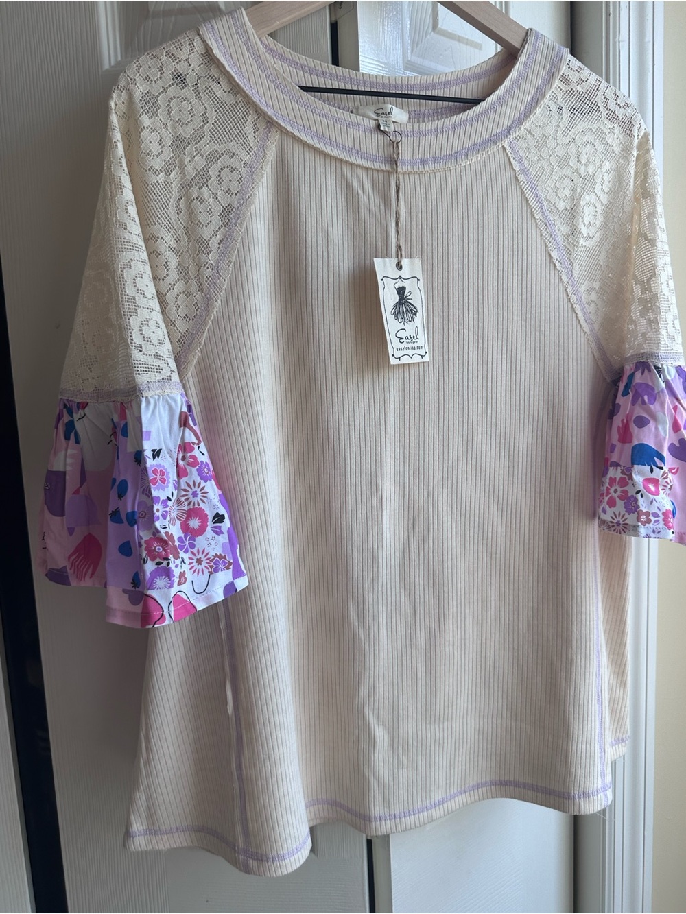 easel Cream Top with Lace Shoulders and Pink Floral Ruffle Sleeves